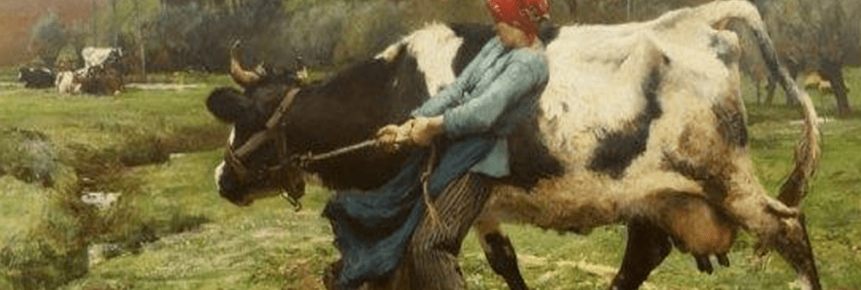 La vaca obstinada fue terminada en 1910, y forma parte de una serie de más de 20 pinturas realistas sobre la vida y el trabajo en el campo.