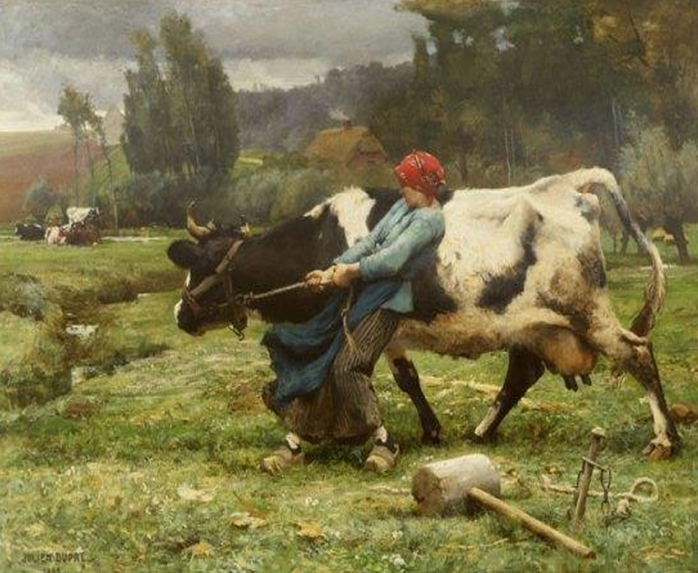 La vaca obstinada fue terminada en 1910, y forma parte de una serie de más de 20 pinturas realistas sobre la vida y el trabajo en el campo.