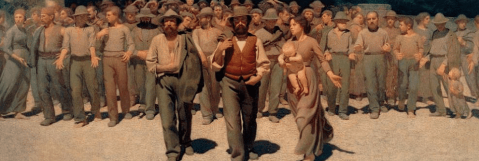 Este cuadro se tituló inicialmente “El camino de los trabajadores”, y muestra un grupo de obreros que van a la huelga. Está ambientado en el norte de Italia. Actualmente se expone en el Museo del Novecento de Milán.